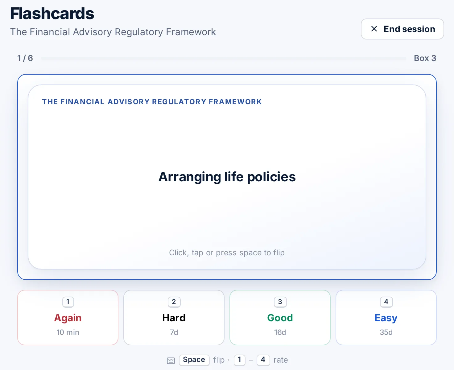 A flipped CMFAS flashcard with Again, Hard, Good and Easy review buttons