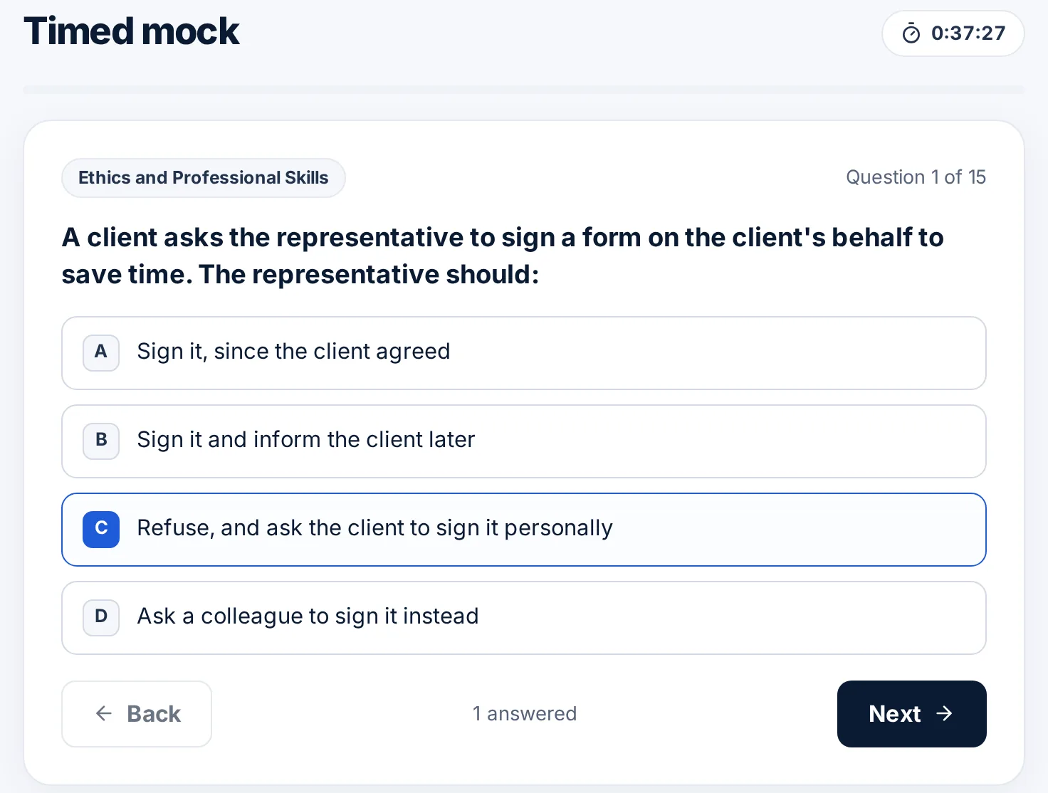 A timed CMFAS mock exam question with a countdown timer